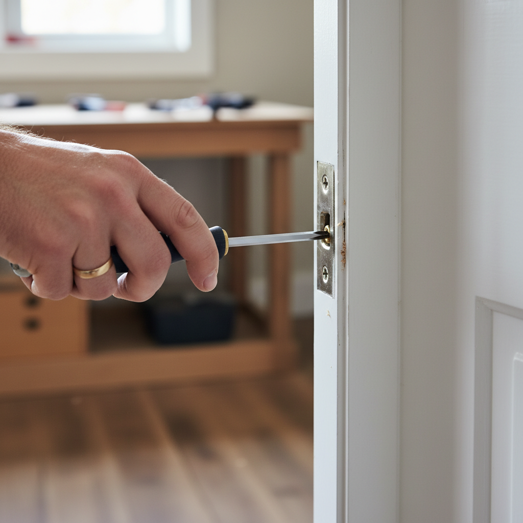 Homeowner tightening a door hinge screw to fix a door that won't latch.