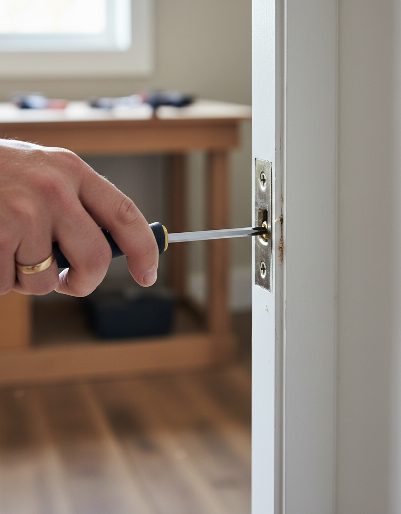 Homeowner tightening a door hinge screw to fix a door that won't latch.