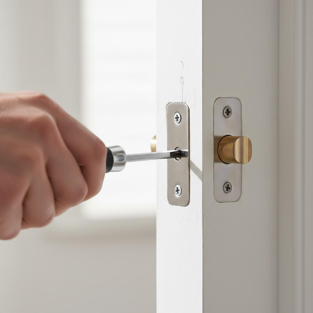 Close-up of a homeowner adjusting a door's strike plate with a screwdriver.