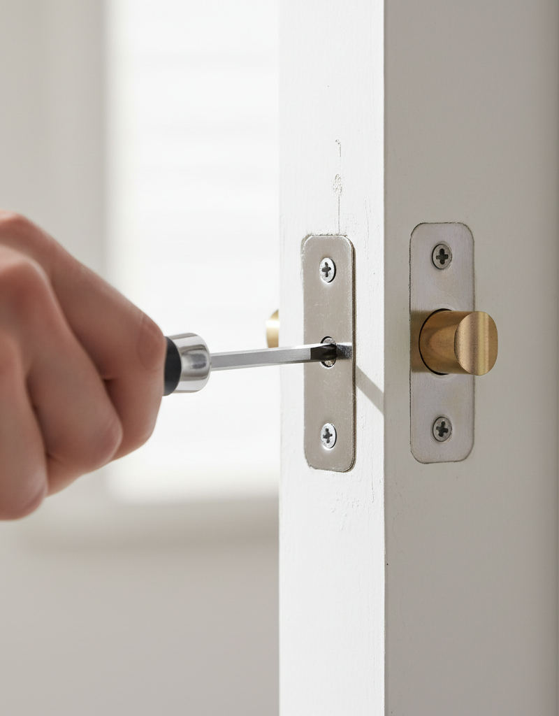 Close-up of a homeowner adjusting a door's strike plate with a screwdriver.