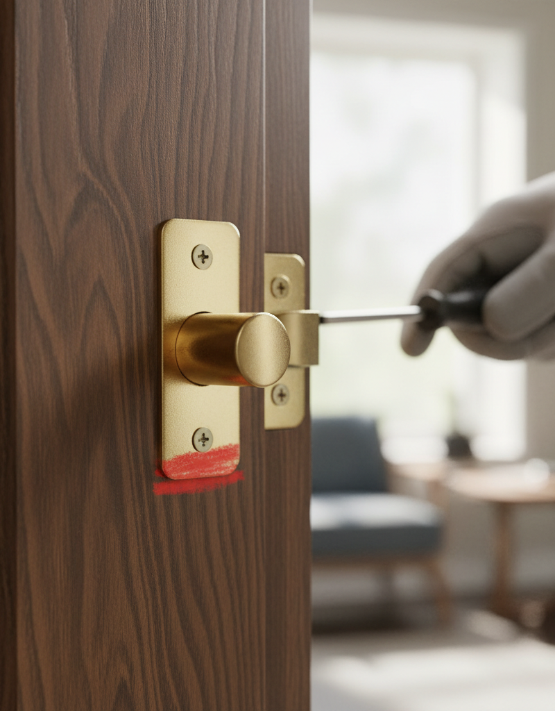 Close-up of a door latch bolt with a red mark on the strike plate, showing misalignment.