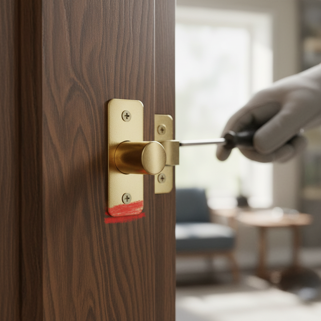 Close-up of a door latch bolt with a red mark on the strike plate, showing misalignment.