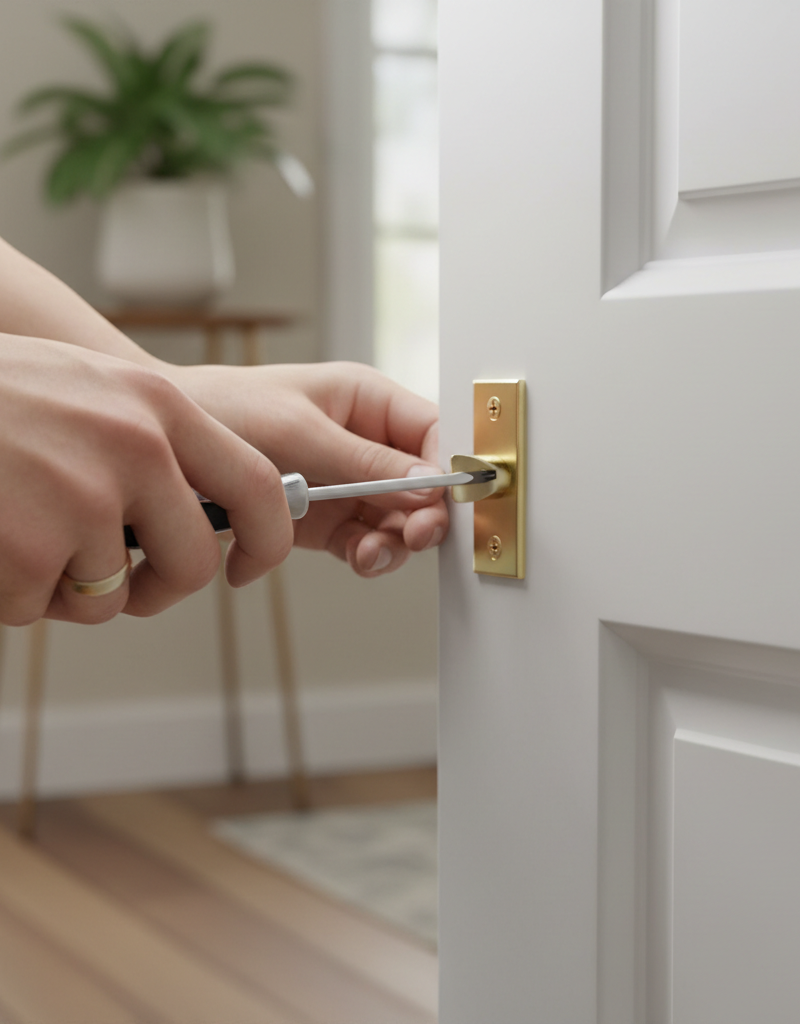 Homeowner adjusting a door strike plate with a screwdriver to fix a door that won't latch.
