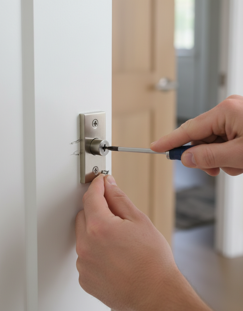 Homeowner adjusting a door's strike plate with a screwdriver to fix latching issues.