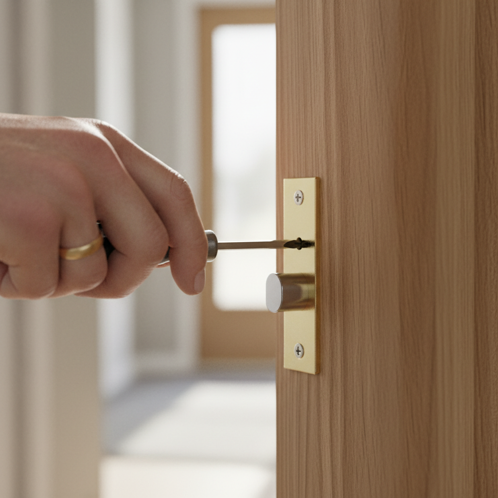 Homeowner adjusting a door strike plate with a screwdriver to fix a door that won't latch.