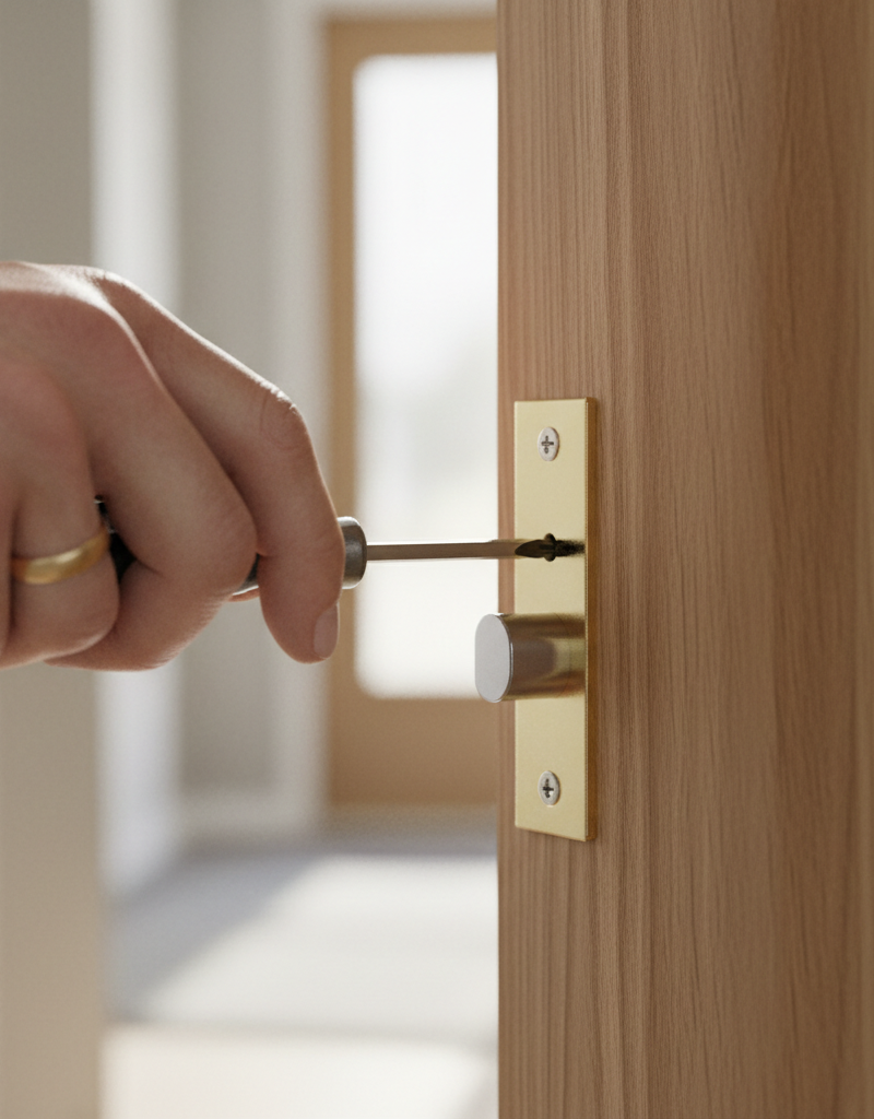 Homeowner adjusting a door strike plate with a screwdriver to fix a door that won't latch.