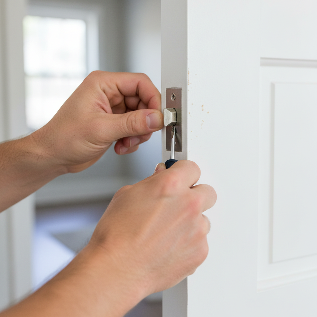 Homeowner adjusting a door strike plate with a screwdriver to fix a door that won't latch.