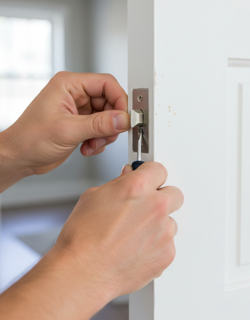 Homeowner adjusting a door strike plate with a screwdriver to fix a door that won't latch.