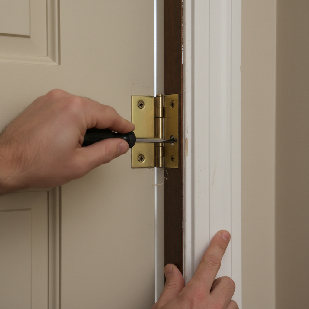 Homeowner tightening hinge screws to fix a door that won't latch