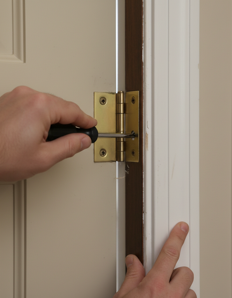 Homeowner tightening hinge screws to fix a door that won't latch