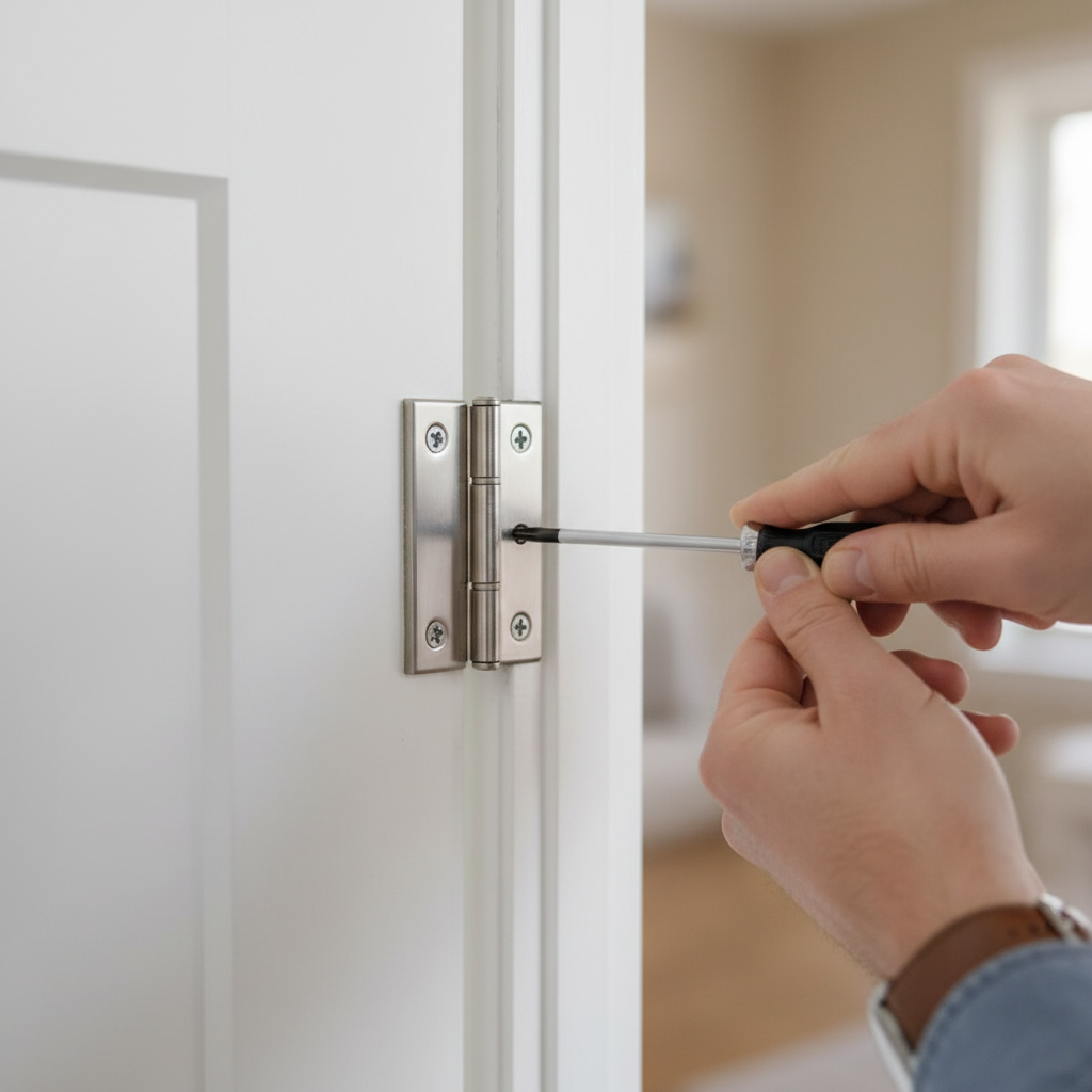 Homeowner tightening a loose door hinge on an interior door with a screwdriver.