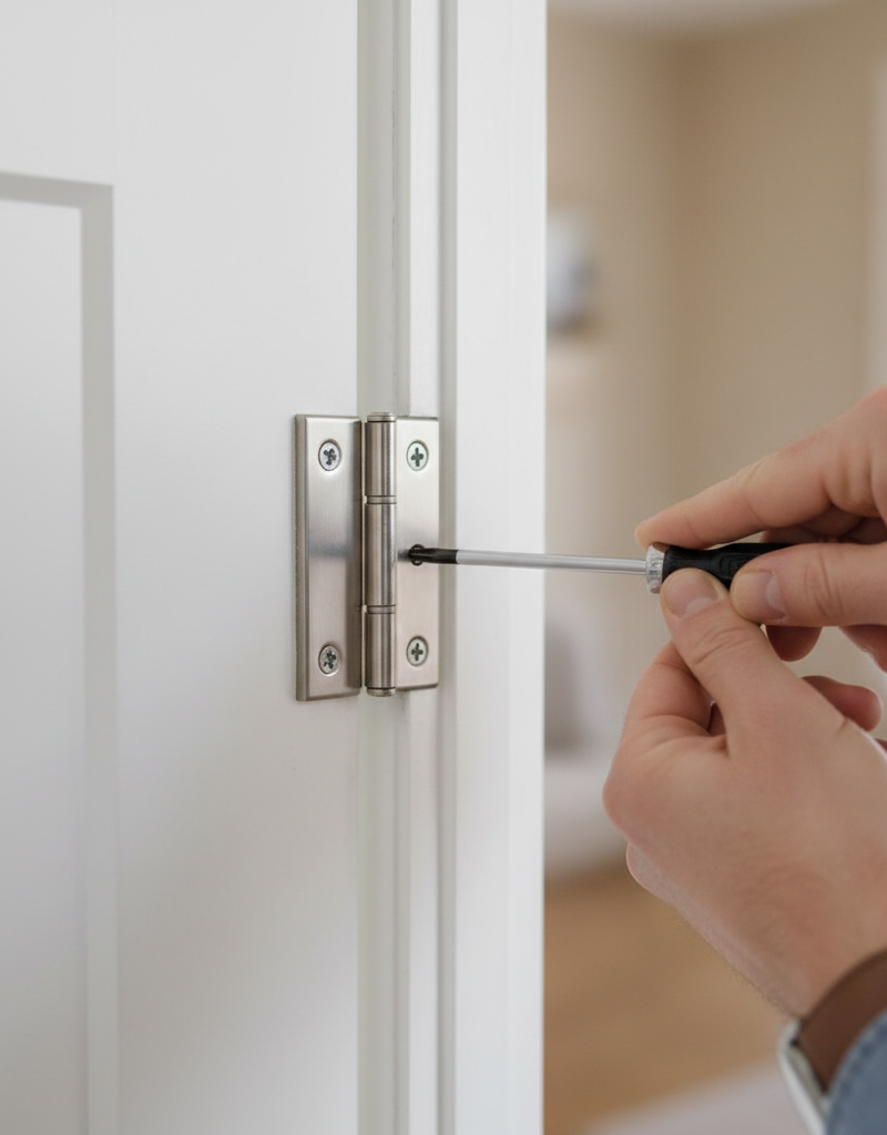 Homeowner tightening a loose door hinge on an interior door with a screwdriver.