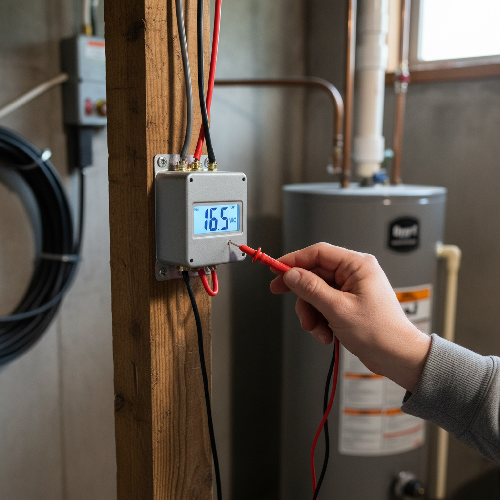 Homeowner testing doorbell transformer with a multimeter in a basement.