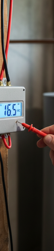 Homeowner testing doorbell transformer with a multimeter in a basement.