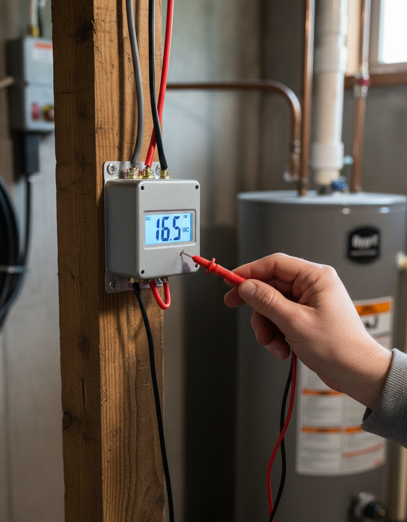 Homeowner testing doorbell transformer with a multimeter in a basement.