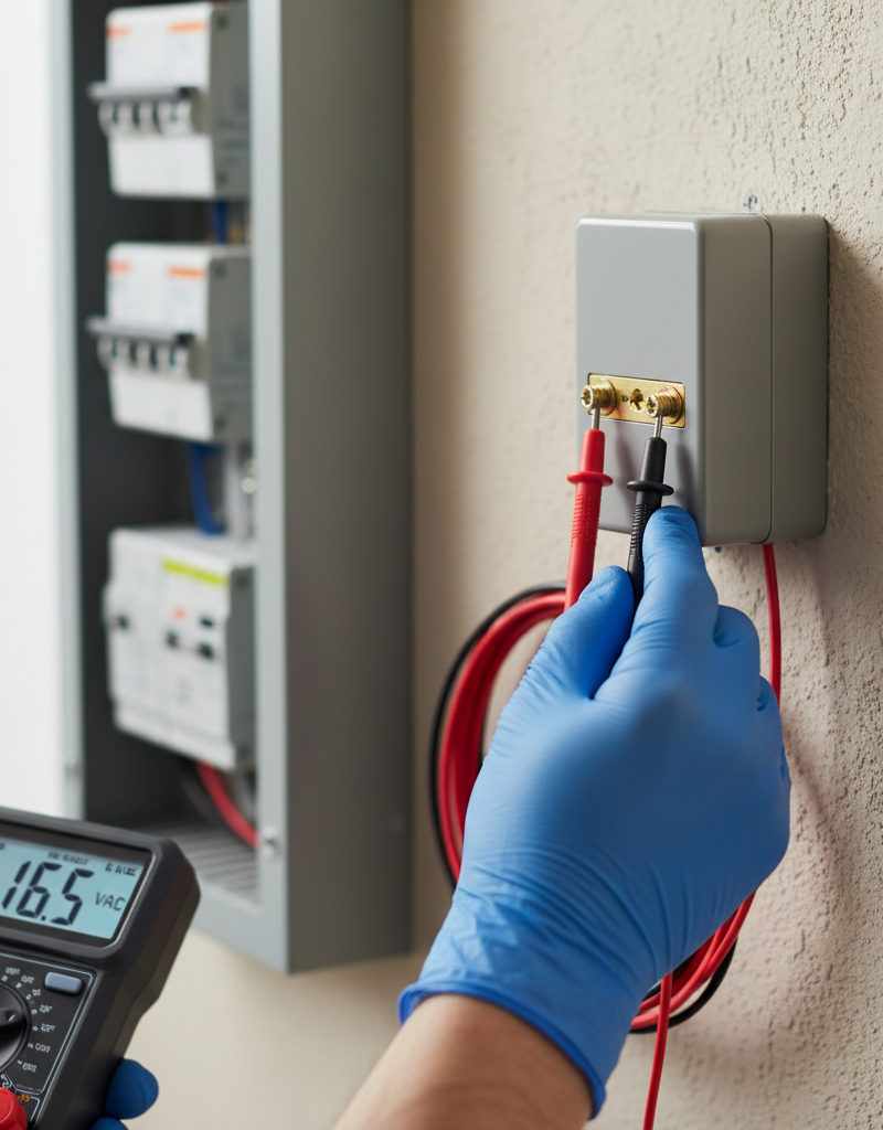 Homeowner using a multimeter to test a doorbell transformer's voltage output