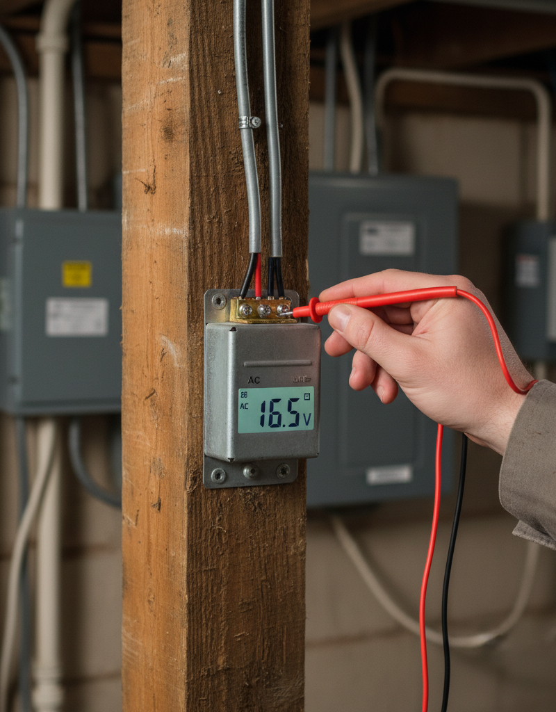 Homeowner testing doorbell transformer with a multimeter to check voltage.