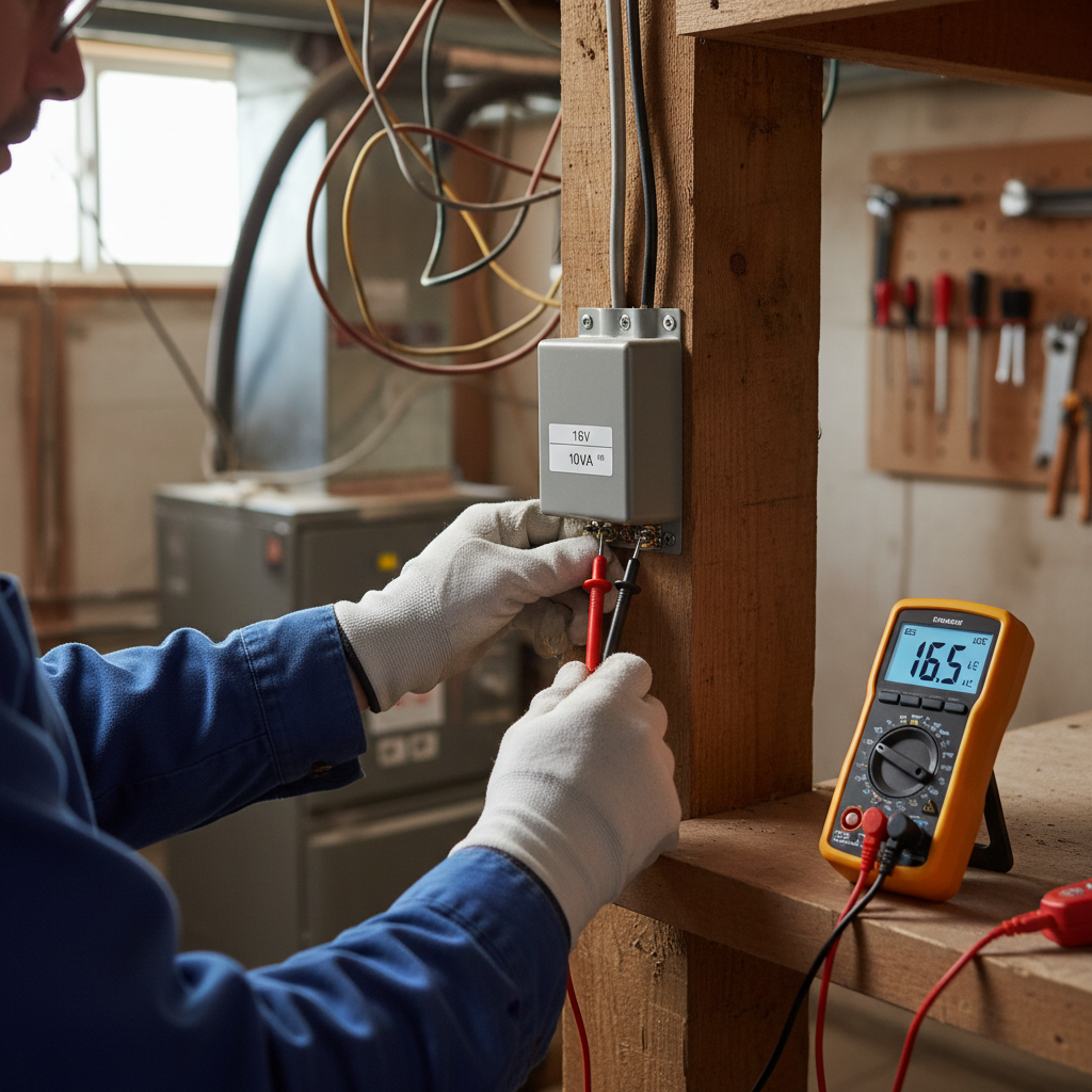 Homeowner testing doorbell transformer with a multimeter in a basement.