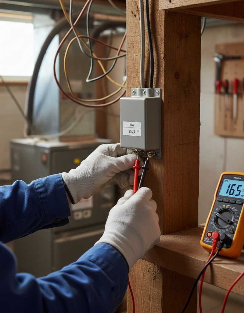 Homeowner testing doorbell transformer with a multimeter in a basement.