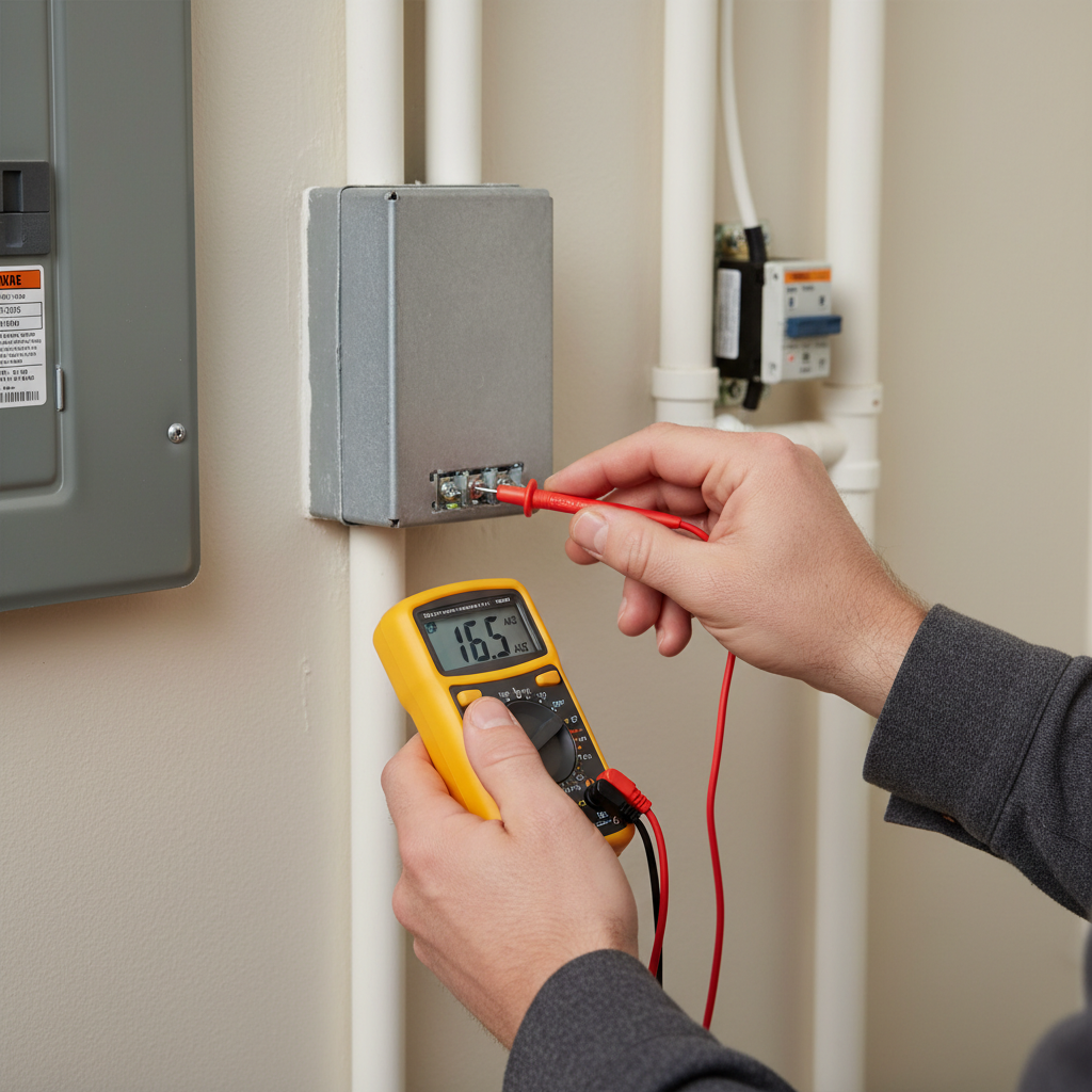 Homeowner testing doorbell transformer with a multimeter to check voltage.