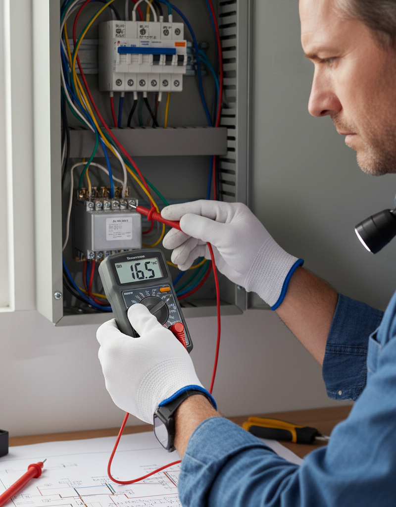 Homeowner testing doorbell transformer with a multimeter
