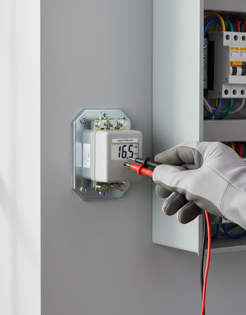 Homeowner testing doorbell transformer with a multimeter in a basement utility area.