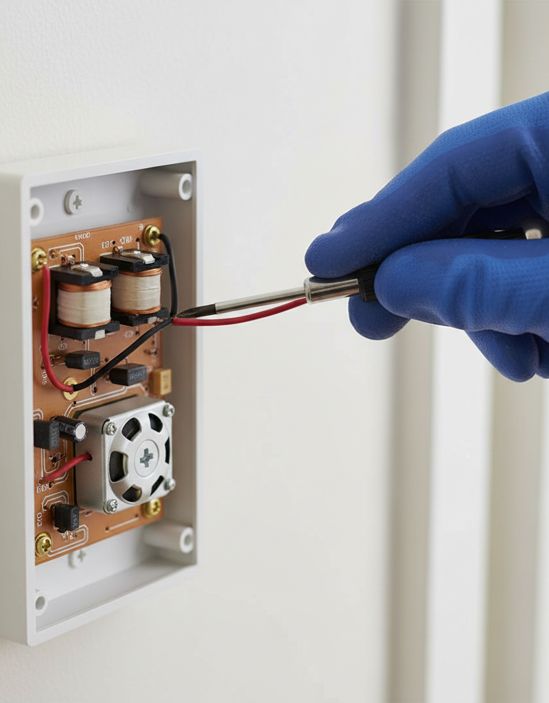 Homeowner troubleshooting a doorbell chime unit with a screwdriver, tightening wires.