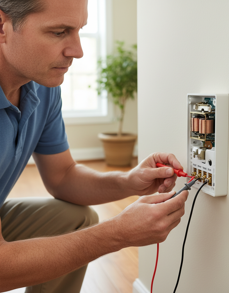 Homeowner using a multimeter to test a wired doorbell chime unit with the cover removed.