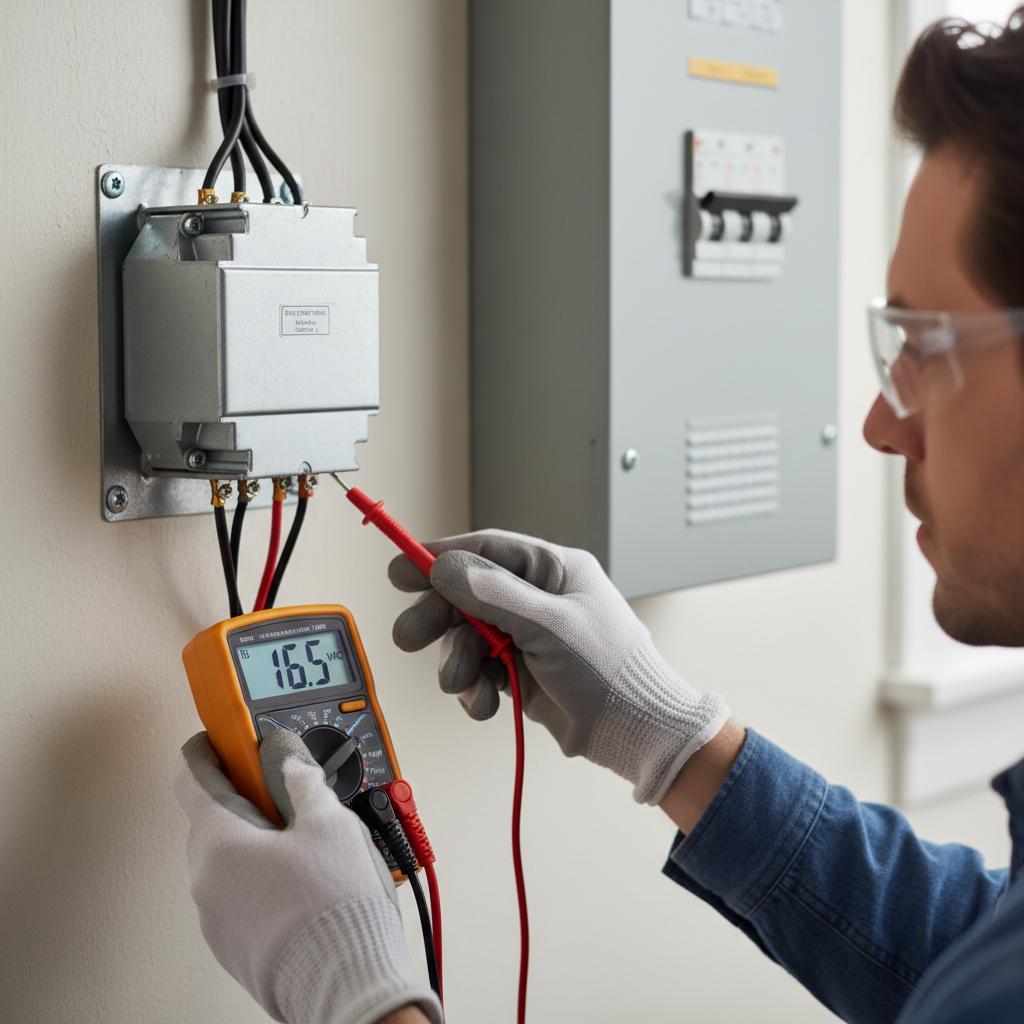 Homeowner testing doorbell transformer with a multimeter to diagnose phantom ringing