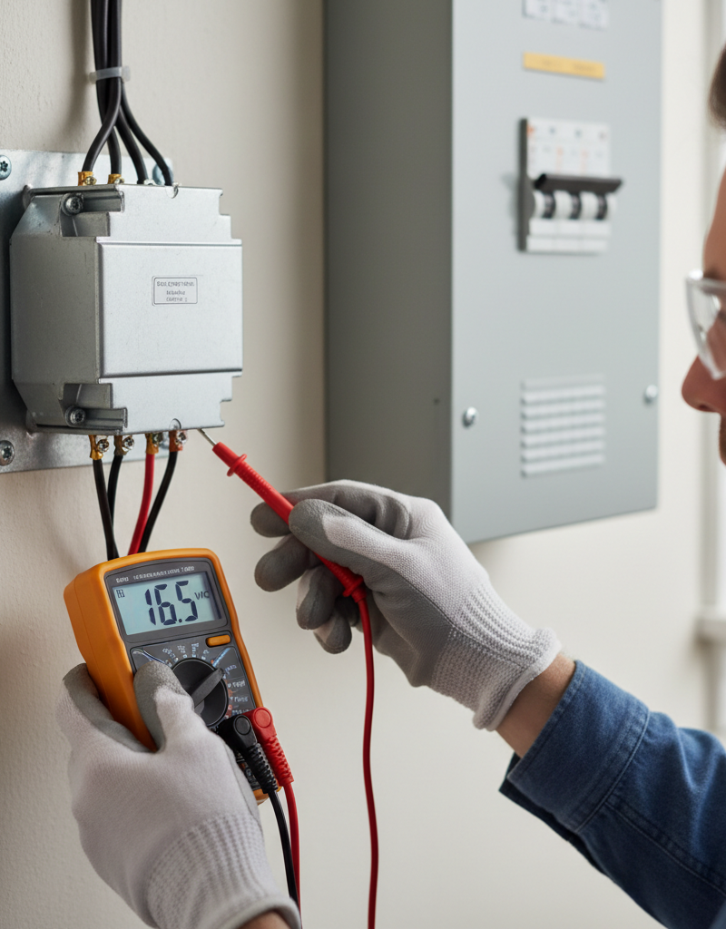 Homeowner testing doorbell transformer with a multimeter to diagnose phantom ringing