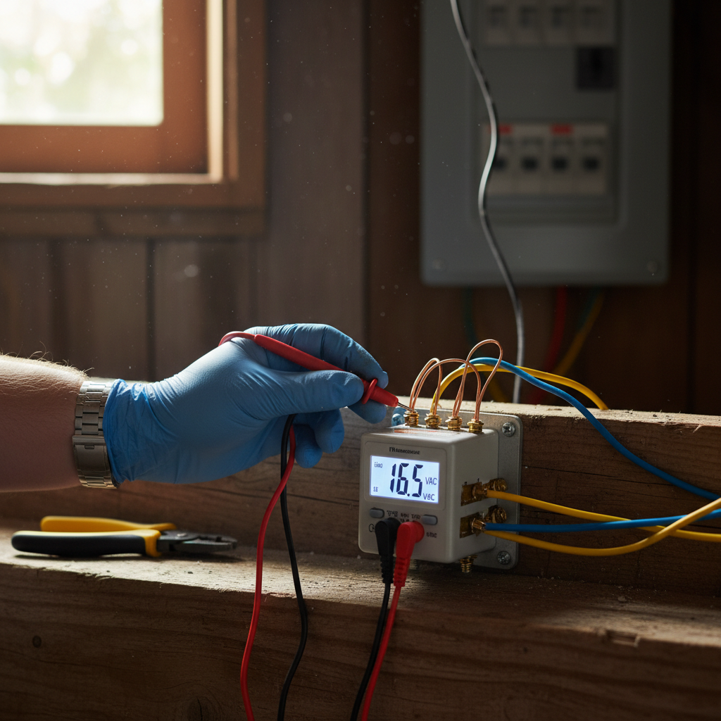 Homeowner testing doorbell transformer voltage with a multimeter