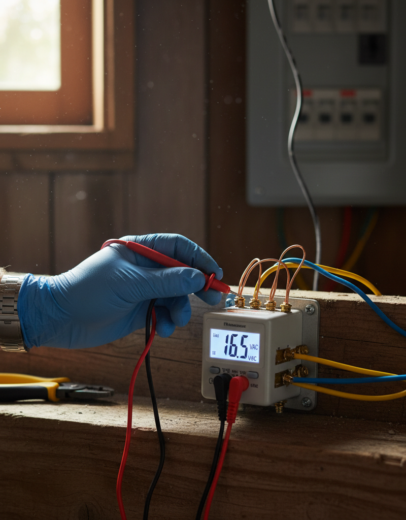 Homeowner testing doorbell transformer voltage with a multimeter