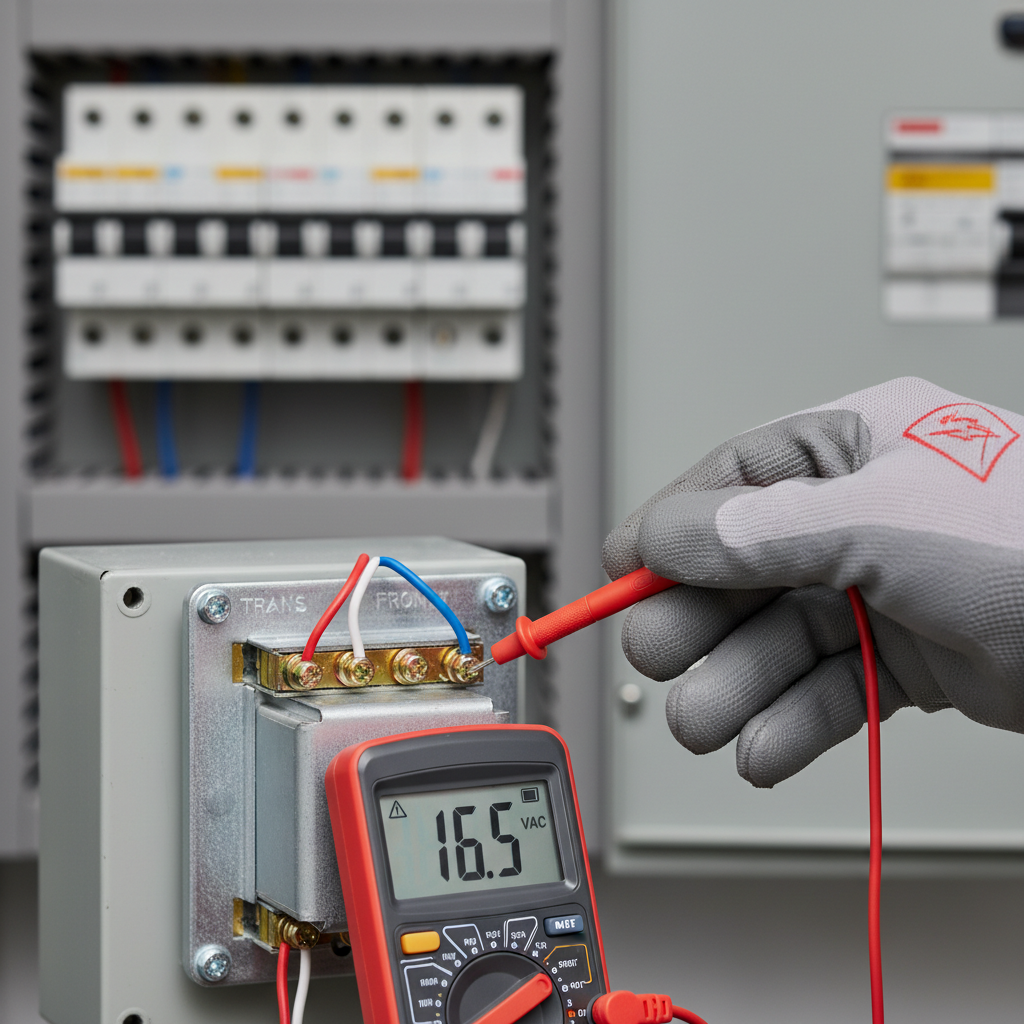 Homeowner testing doorbell transformer with a multimeter to diagnose phantom ringing.