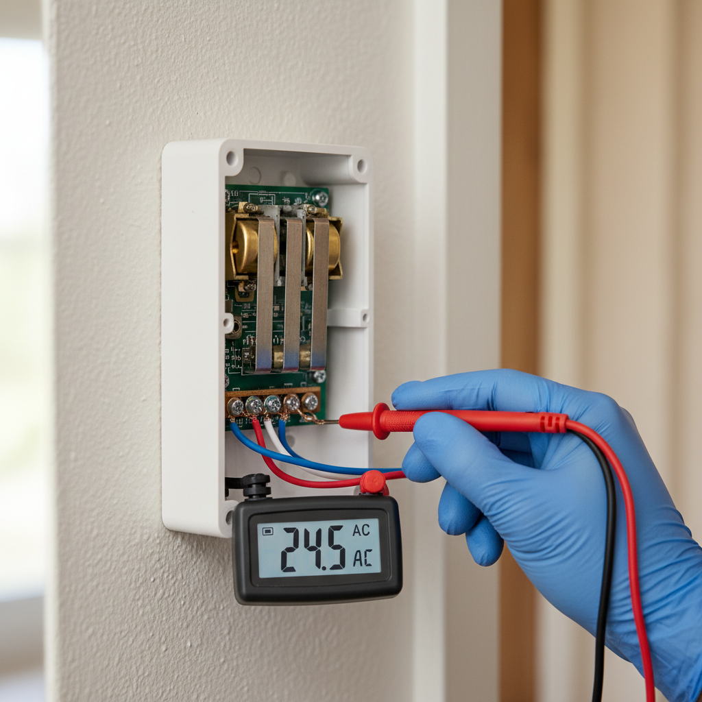 Homeowner testing doorbell chime unit wiring with a multimeter.