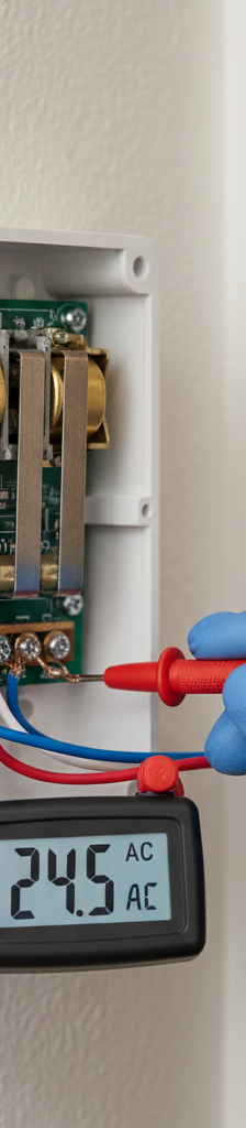 Homeowner testing doorbell chime unit wiring with a multimeter.