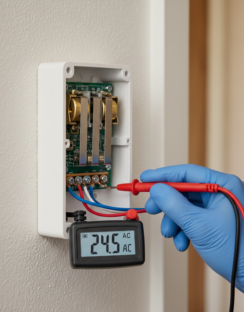 Homeowner testing doorbell chime unit wiring with a multimeter.