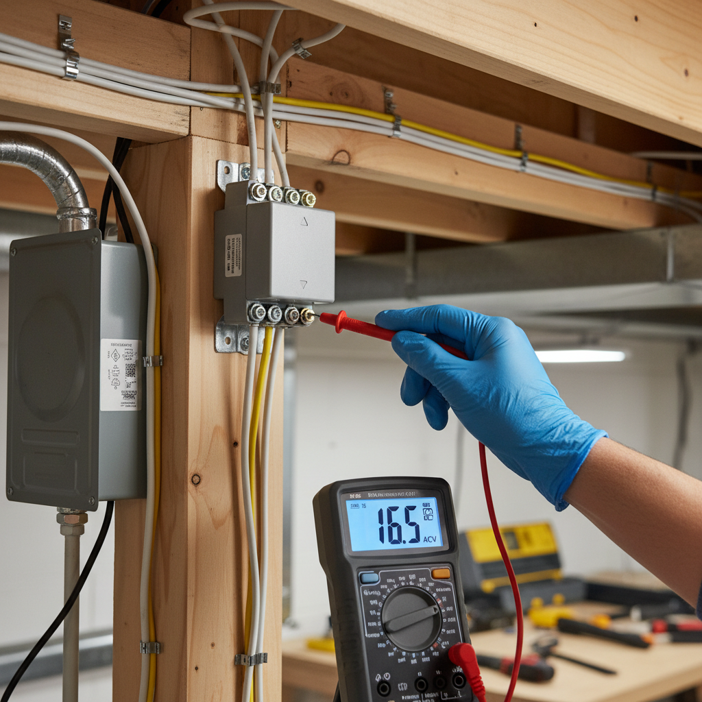 Homeowner using a multimeter to test a doorbell transformer for phantom ringing.