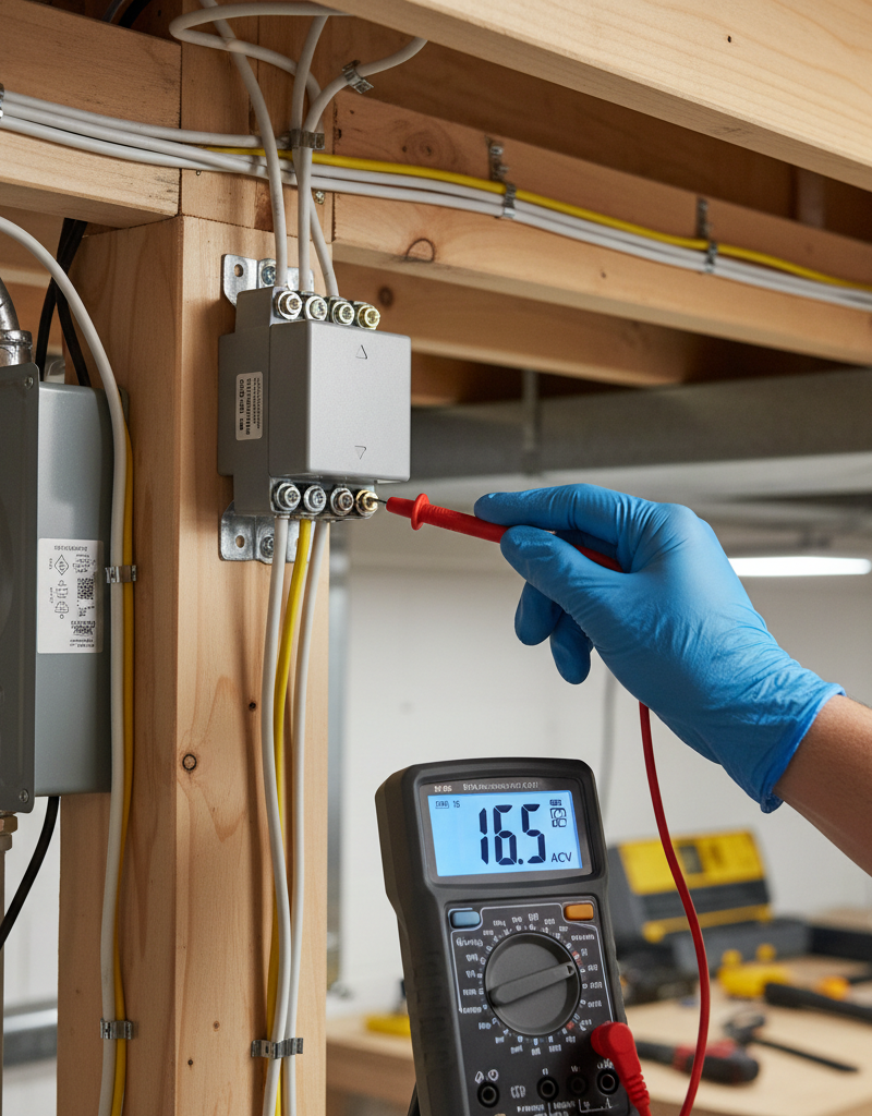 Homeowner using a multimeter to test a doorbell transformer for phantom ringing.