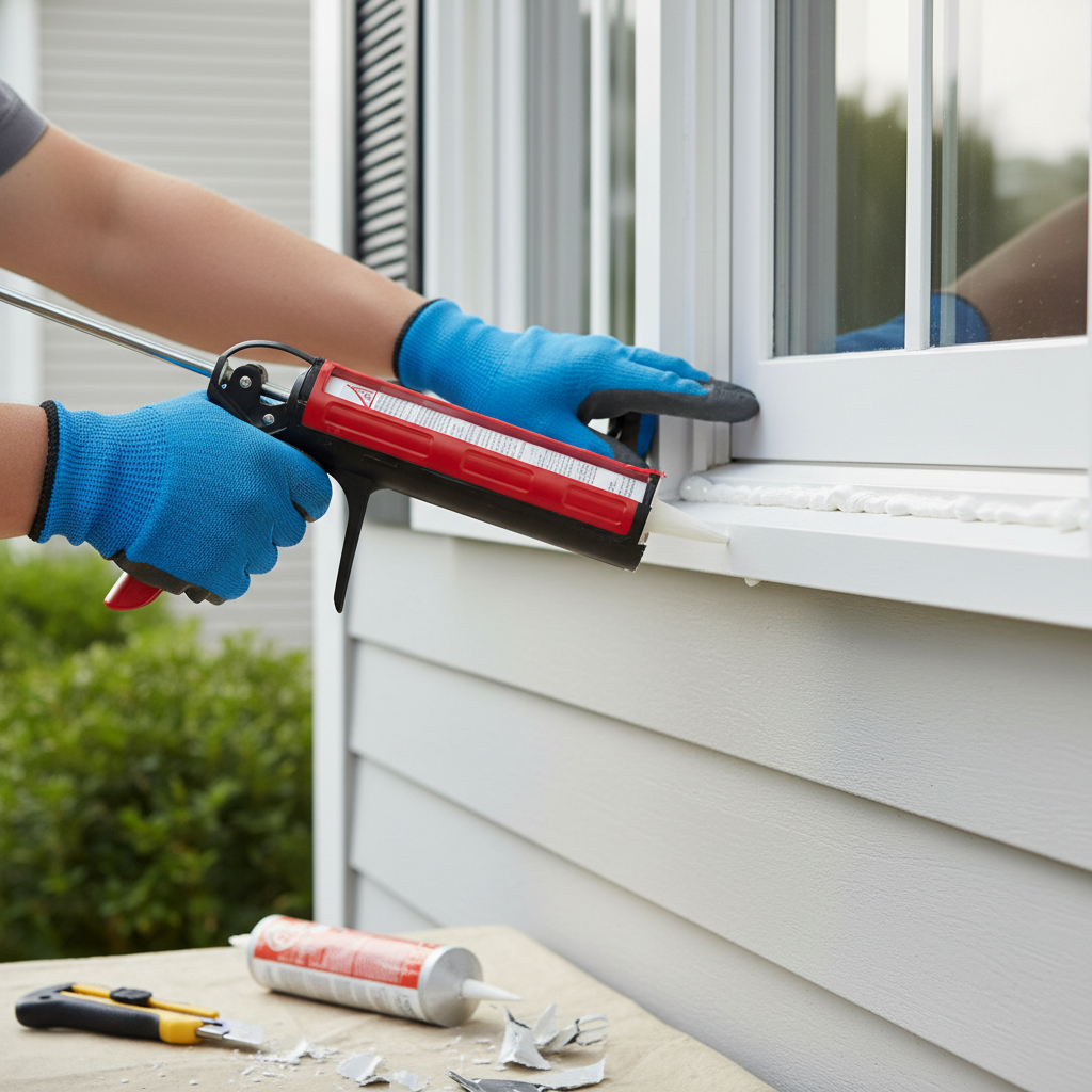 Homeowner sealing a drafty window with a caulk gun and smoothing the caulk bead with a finger.