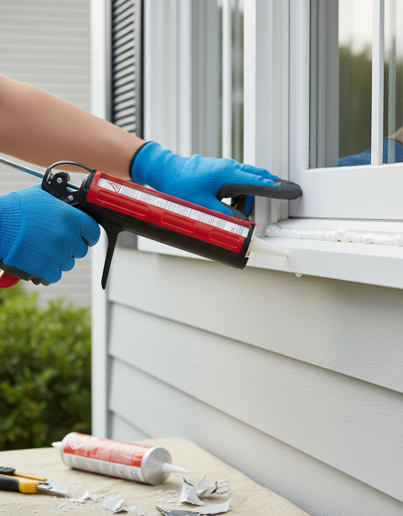 Homeowner sealing a drafty window with a caulk gun and smoothing the caulk bead with a finger.