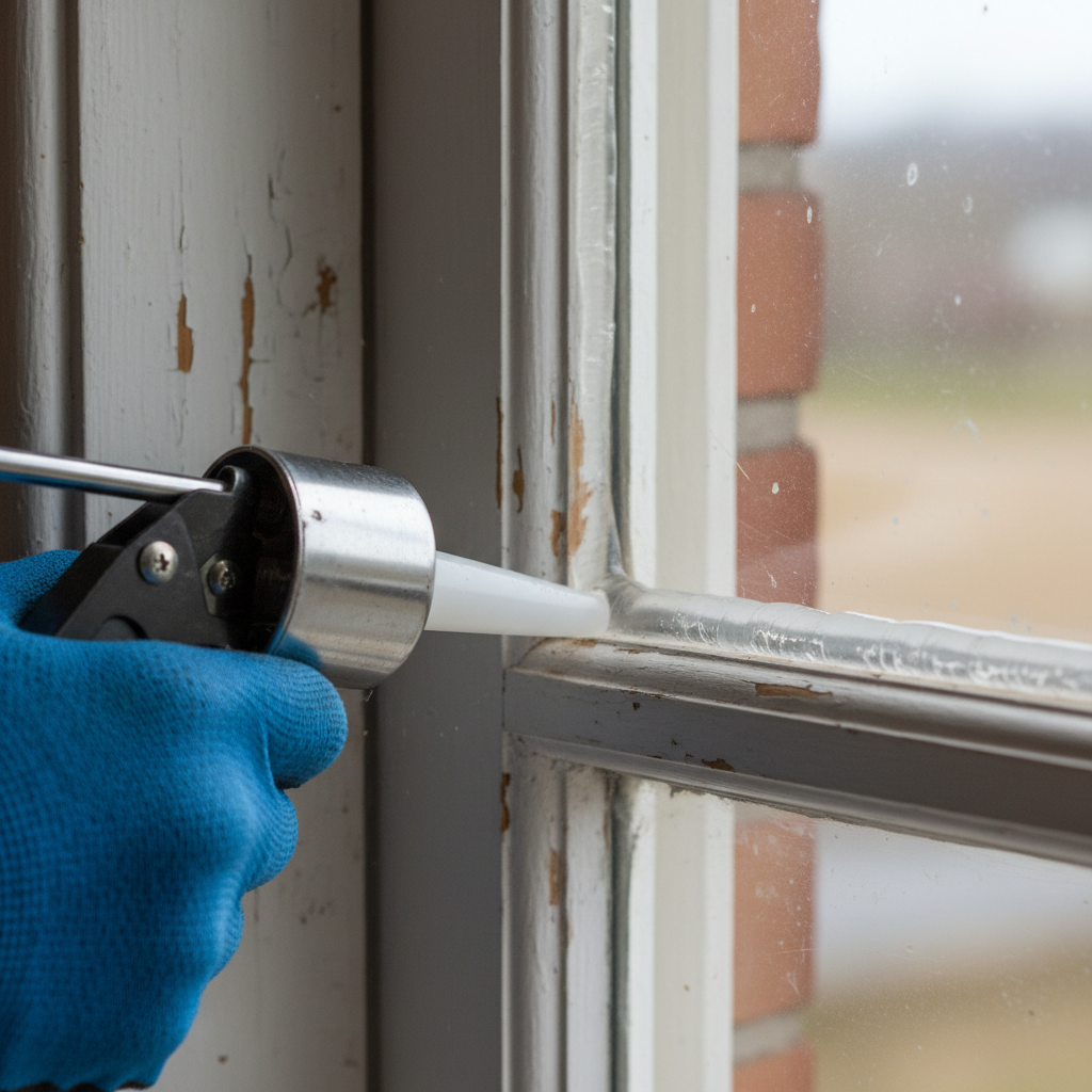 Homeowner applying caulk to seal a drafty window frame