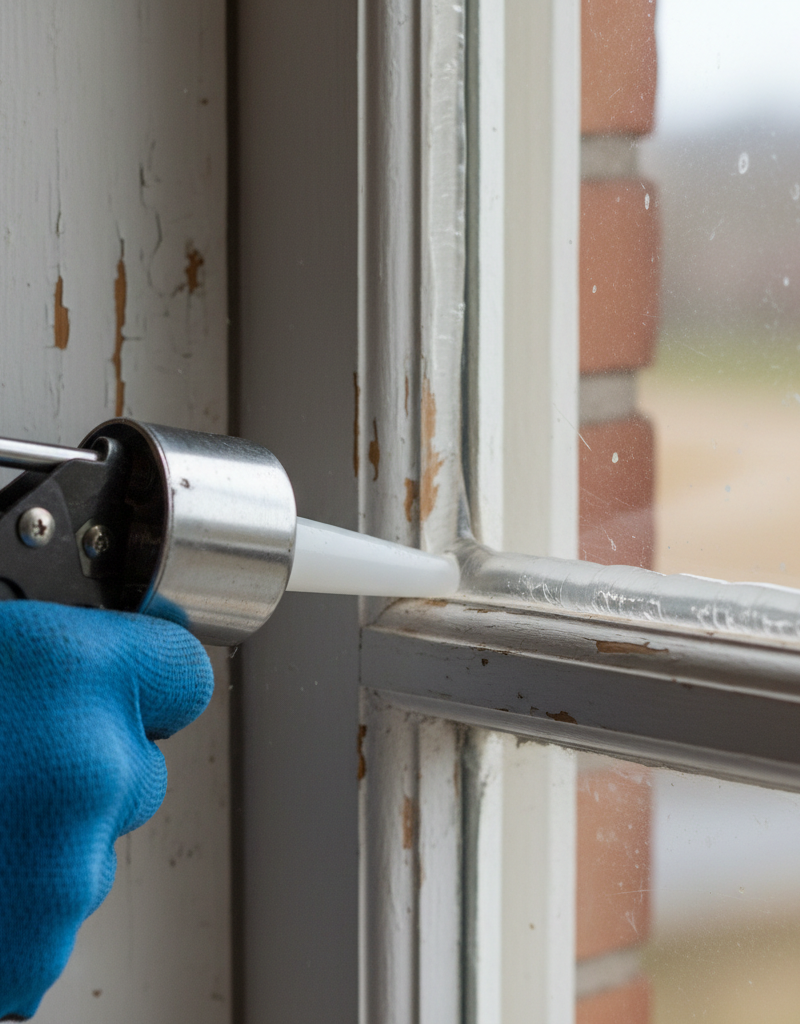 Homeowner applying caulk to seal a drafty window frame