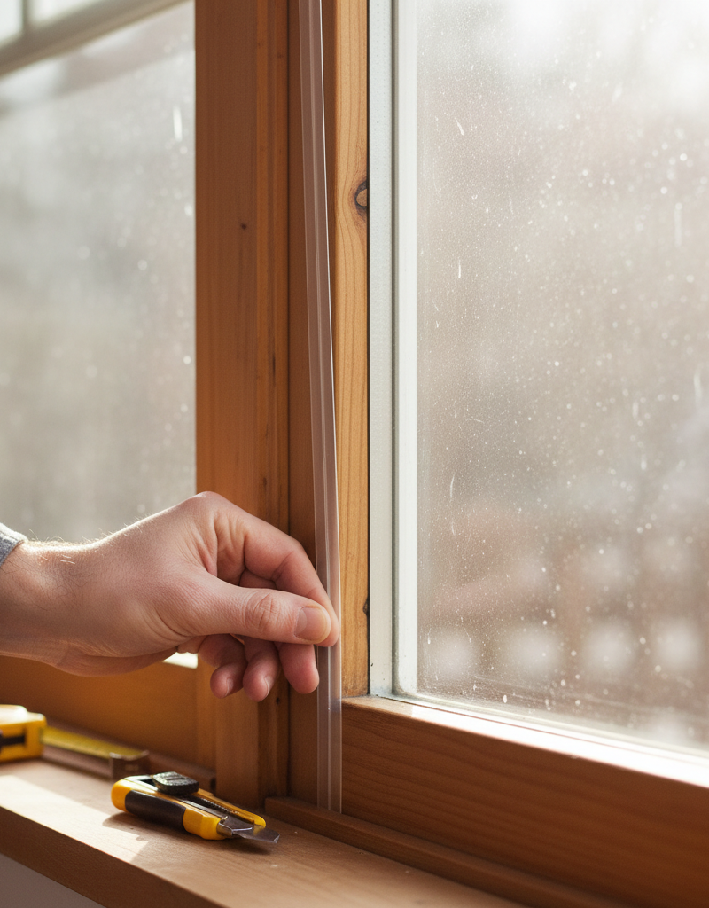 Hand applying V-seal weatherstripping to a drafty window sash.
