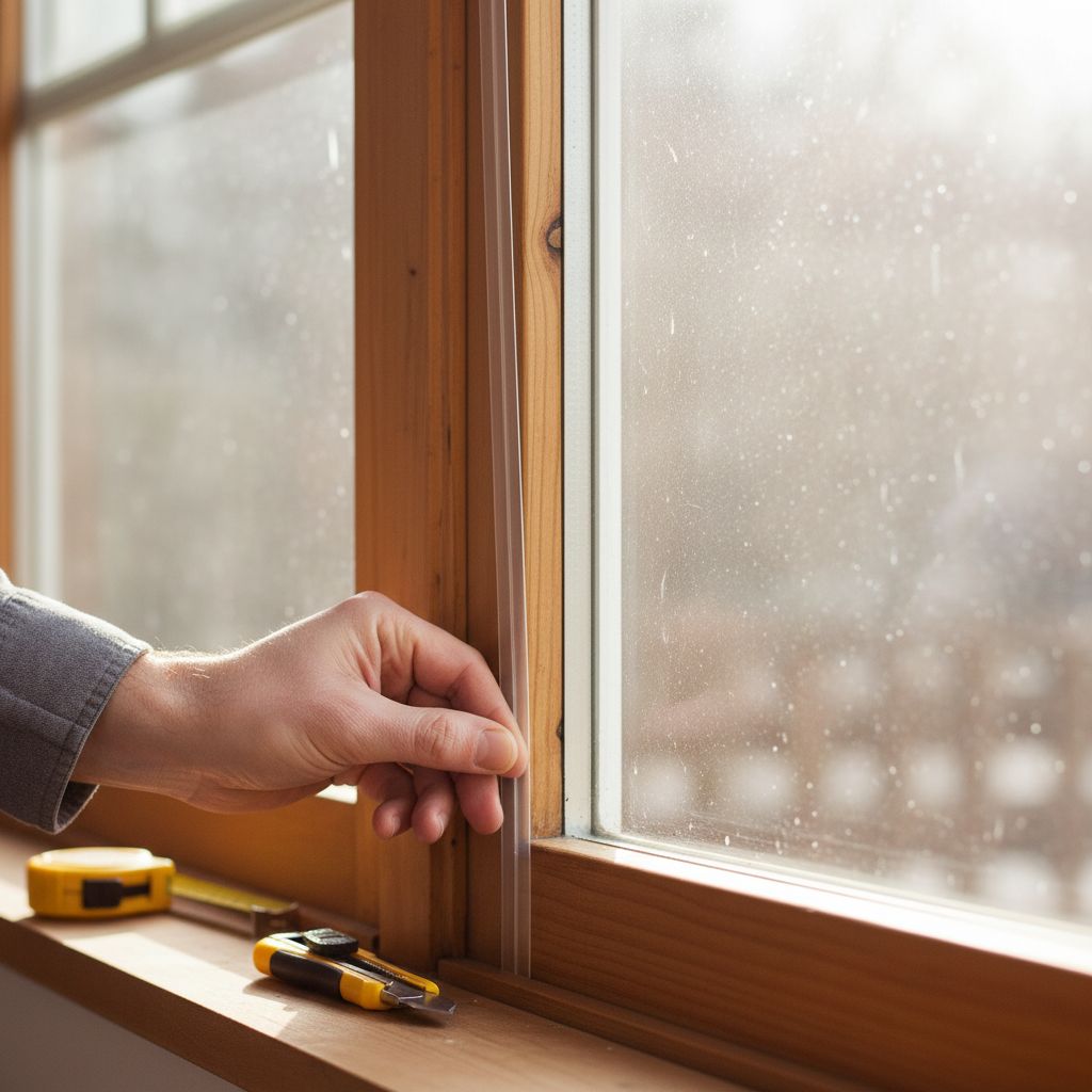 Hand applying V-seal weatherstripping to a drafty window sash.