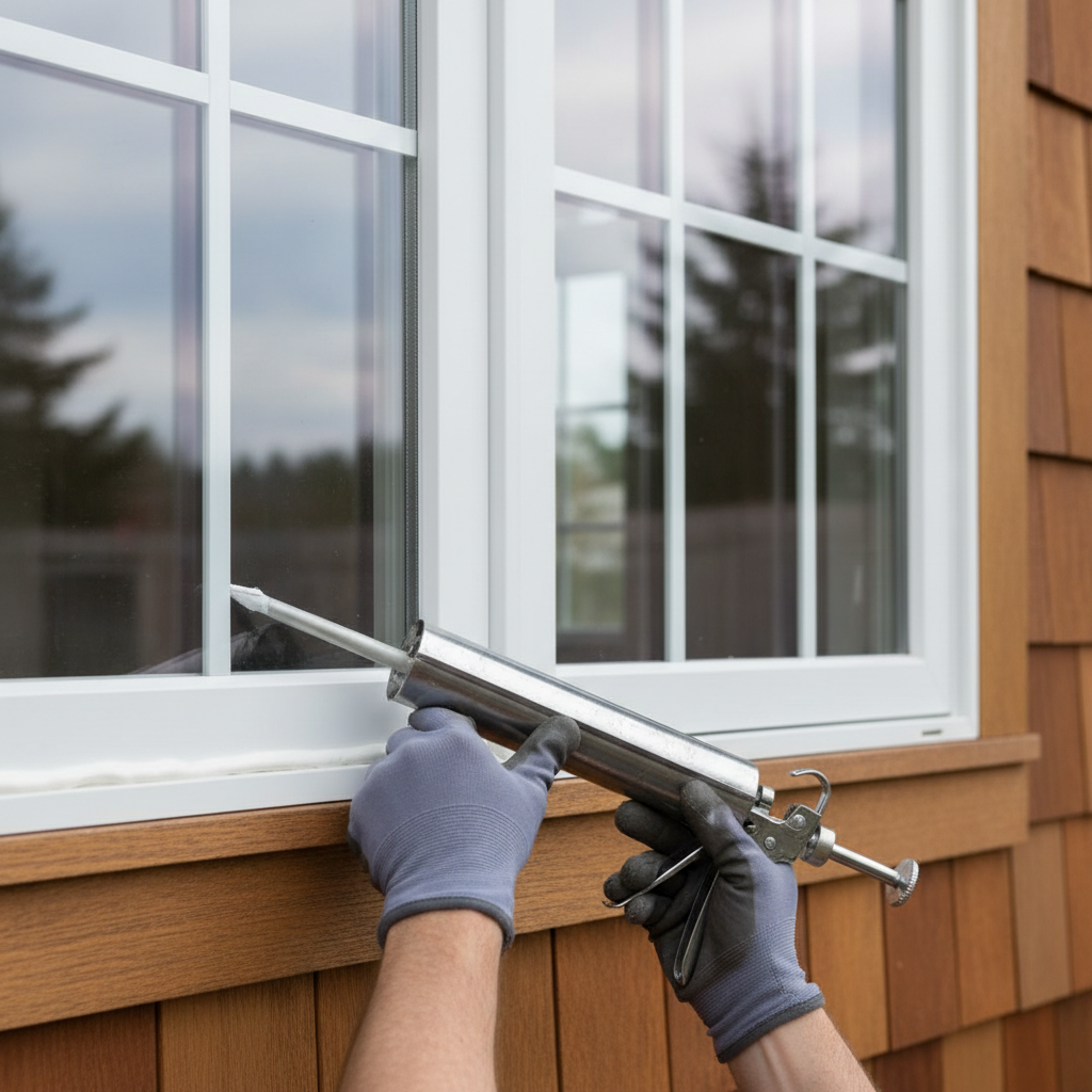Homeowner applying caulk to seal drafty window frame