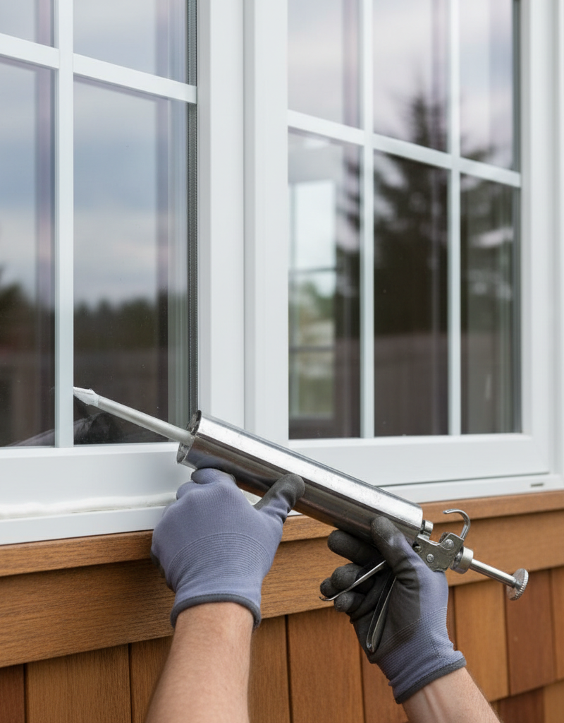 Homeowner applying caulk to seal drafty window frame