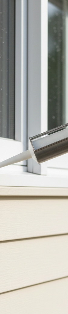 Homeowner applying caulk to seal a drafty window frame on the exterior.