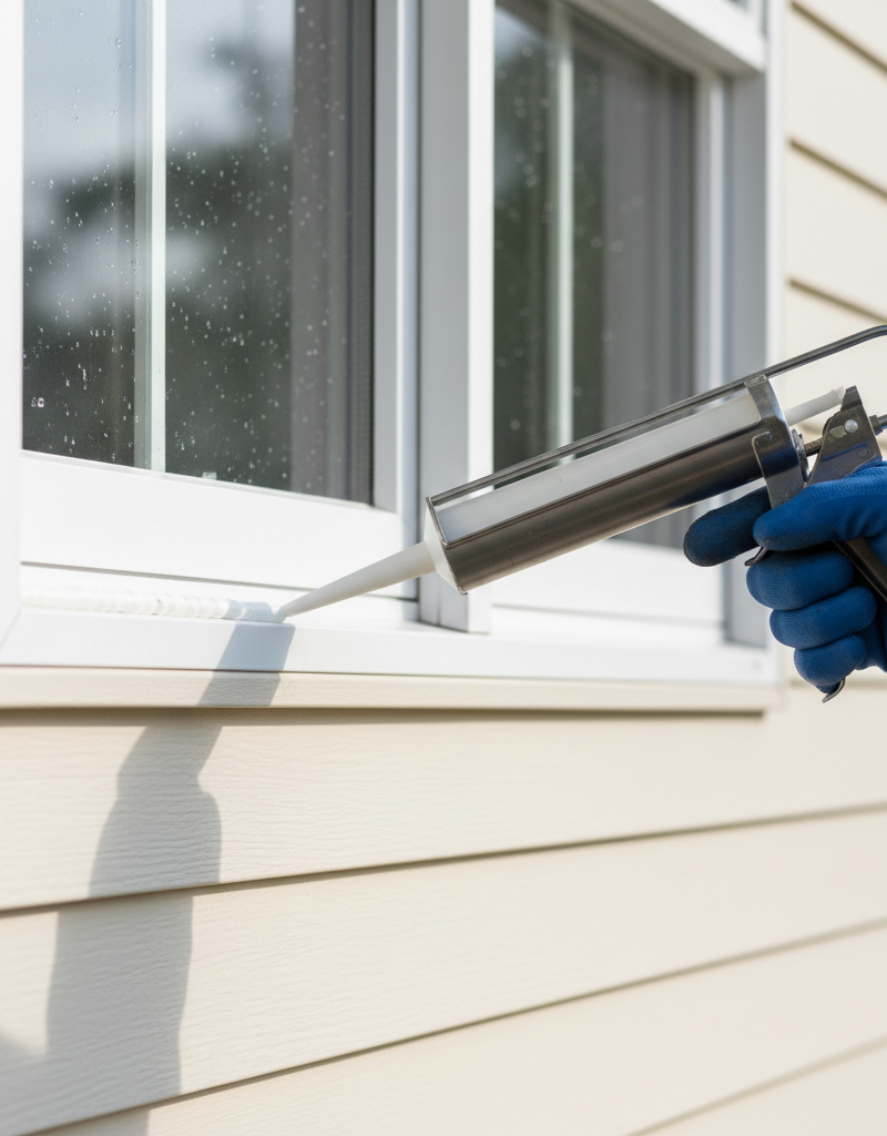 Homeowner applying caulk to seal a drafty window frame on the exterior.
