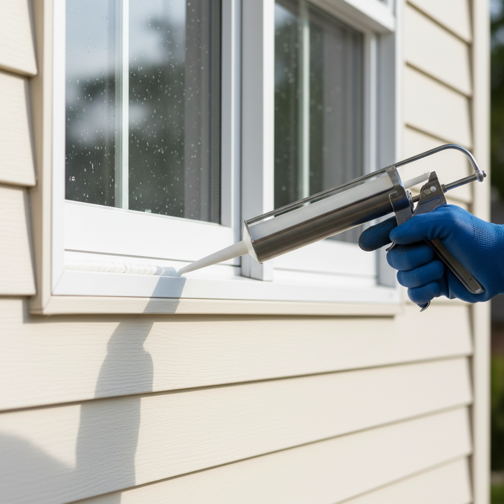 Homeowner applying caulk to seal a drafty window frame on the exterior.