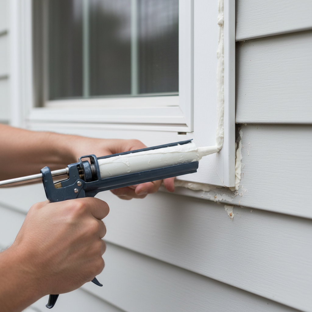 Close-up of a homeowner applying caulk to a drafty window frame.